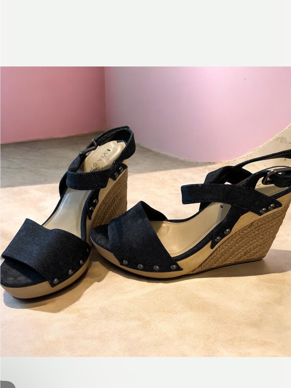 Denim Espadrille Wedge Sandals - Black